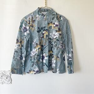 Citron Santa Monica Teal Blue Floral Bamboo Mandarin Collar Blouse MP